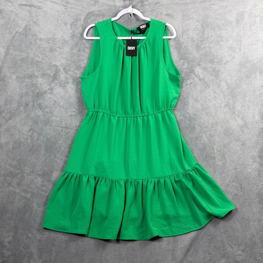 DKNY Womens 10 Green Sleeveless Midi Dress Ruffle Hem Boho Office Siren DD2B7585